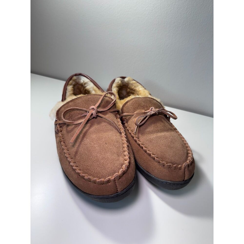 Bob Timberlake Mens Suede Moccasin Slippers Memory Foam Faux Fur US12M Tan Brown